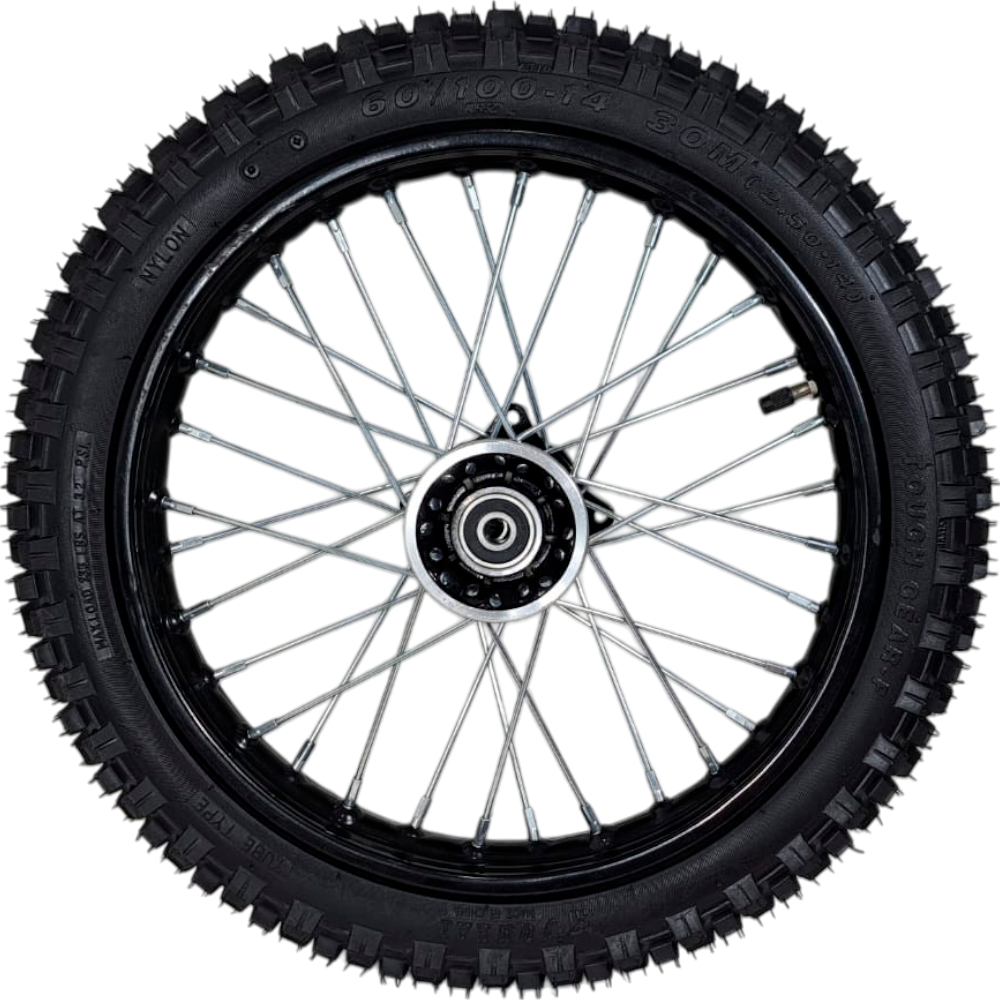 Jante Dianteira + Pneu 60/100-14 (1.40x14", Eixo 12mm) - Pitbike